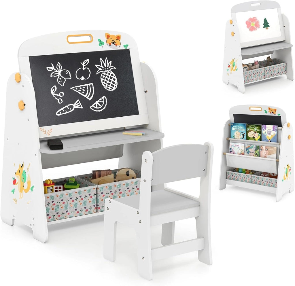 Set Tavolo e Sedia per Bambini, Lavagnetta Cancellabile Bambini con Sedia, Scaffale, 2 Contenitori in Tessuto, Gomma e Gessetti, Tavolino per Cameretta (Naturale)