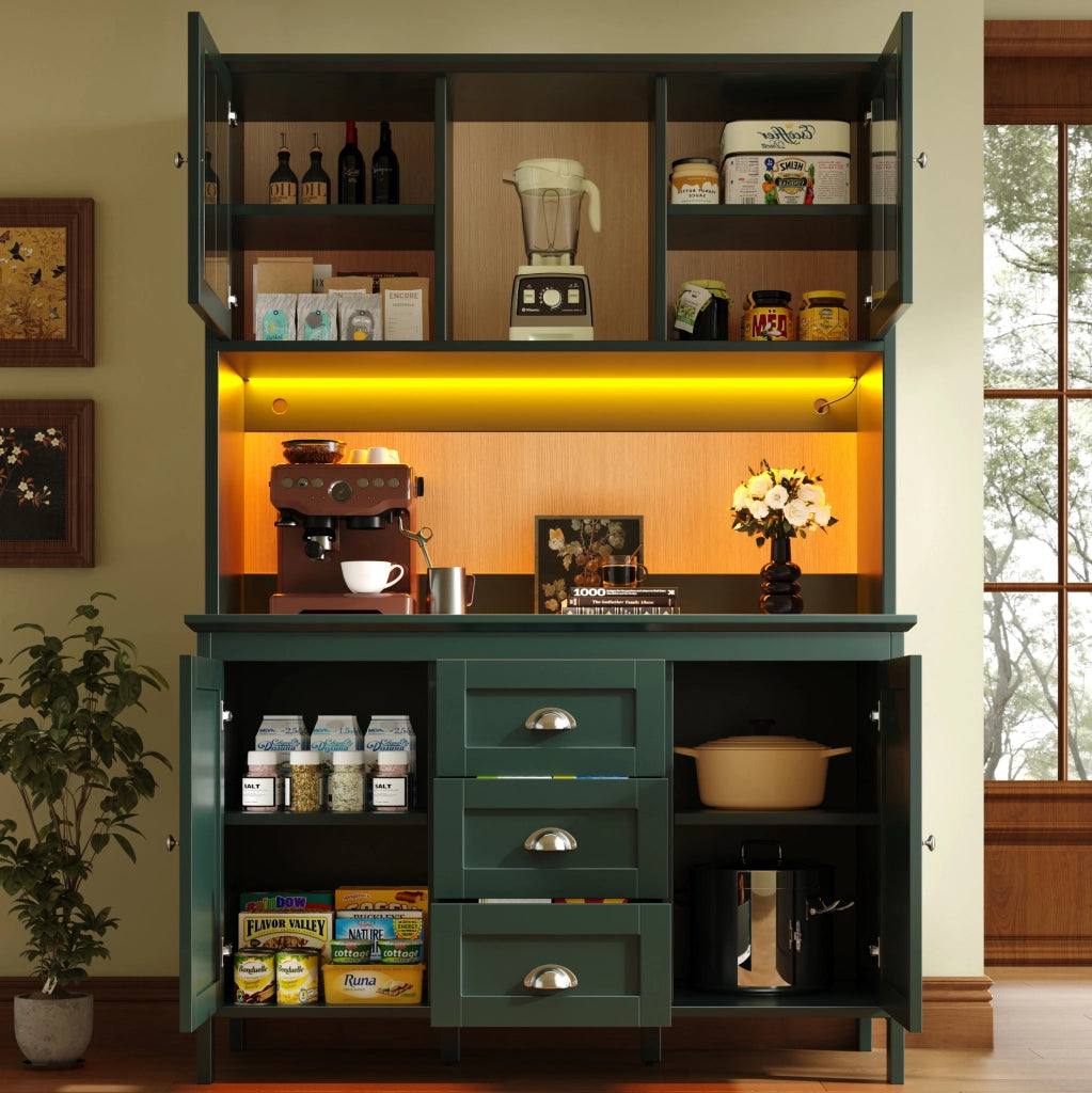 Credenza da cucina verde con LED e vetro, 120x40x179 cm