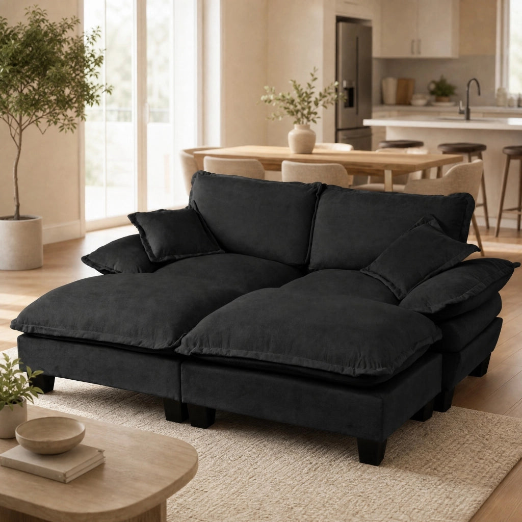 Divano modulare angolare con 2 ottomane mobili e 2 cuscini; schiuma ad alta densita; in chenille nero 194×151×90 cm