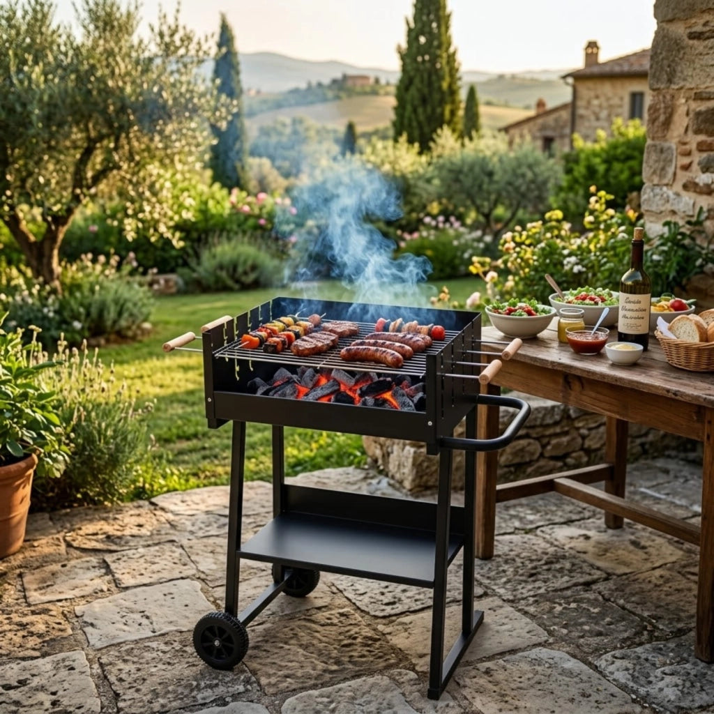 Barbecue A Carbonella Con Telaio In Acciaio Termoresistente Griglia Regolabile Ripiano Inferiore E Design Funzionale Per Outdoor Cooking 87 x 52 x 90 Cm Nero