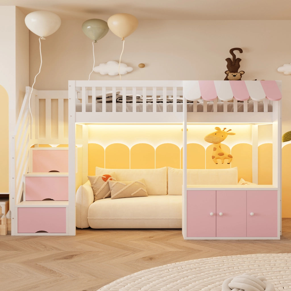 Letto a soppalco singolo 90×200 cm con scala contenitore e LED; senza materasso; legno; rosa e bianco