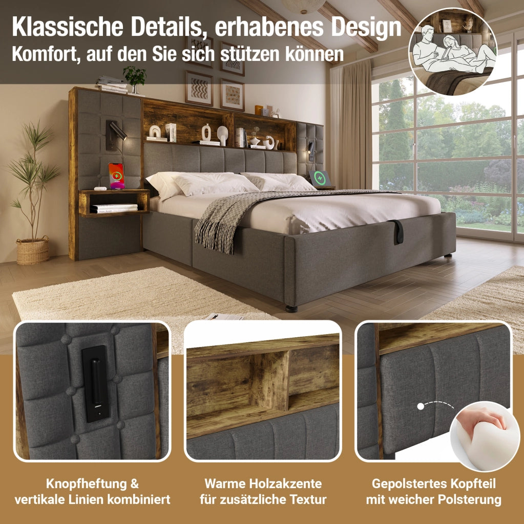 Letto imbottito grigio 160x200 con luci, ricarica e spazio contenitivo