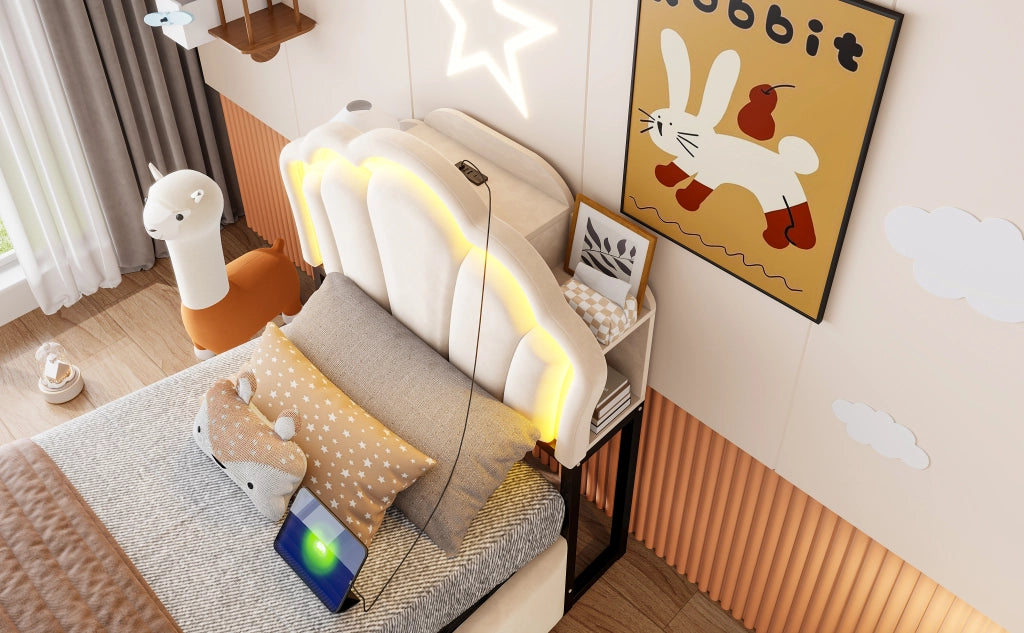 DESMIU Lit simple 90 × 200 cm con vano contenitore idraulico, LED, prese e vani, senza materasso, beige