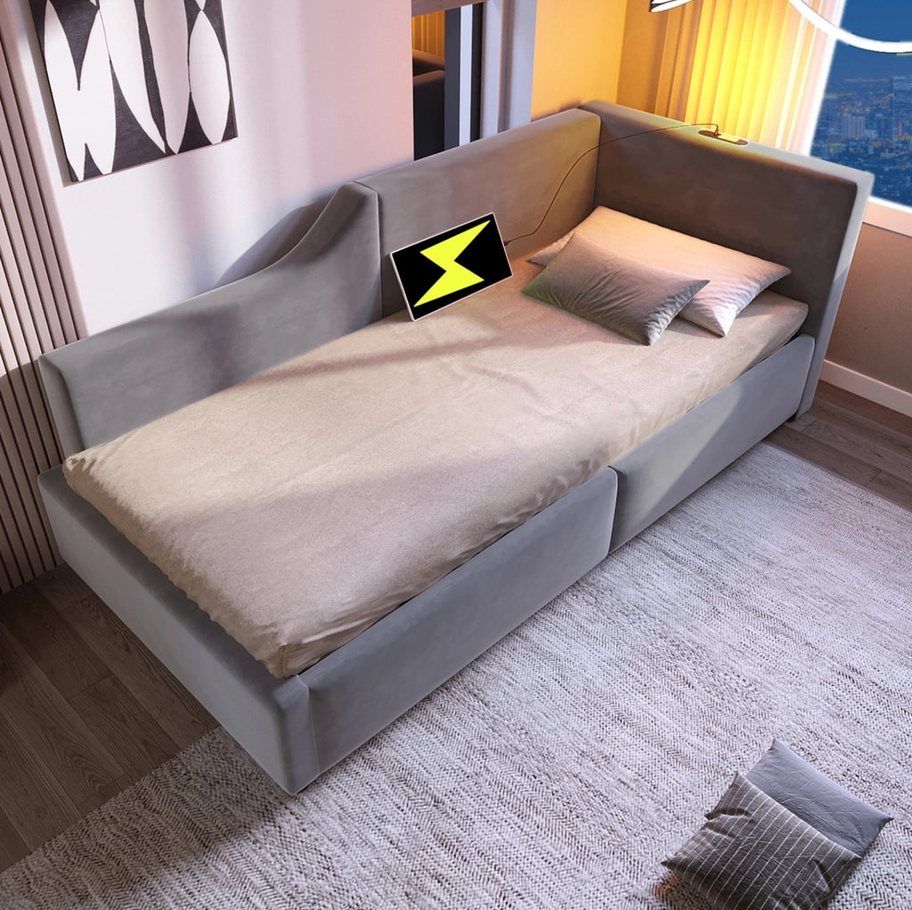 Letto a giorno 90x190 cm con contenitore; lampada da lettura e USB C; velluto grigio