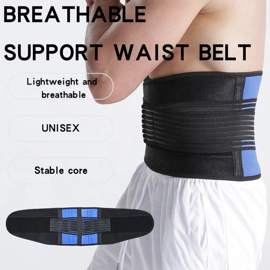 Cintura lombare unisex nera e blu, adatta per vita 135-145 cm.