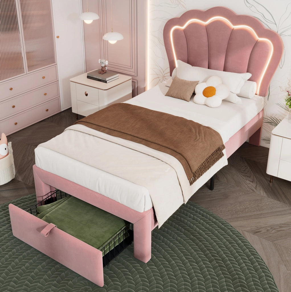 Letto singolo 90x200 rosa con LED RGB, cassetto e rete