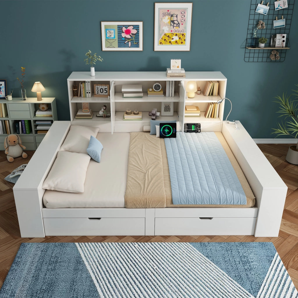 LETTO Contenitore 140x200 cm Bianco con cassetti e porte USB