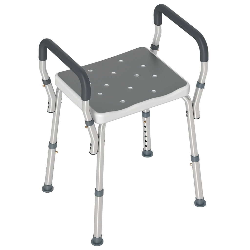 Sgabello per Doccia Regolabile 52x45x57-69 cm con Braccioli e Fori di Drenaggio in Alluminio Grigio