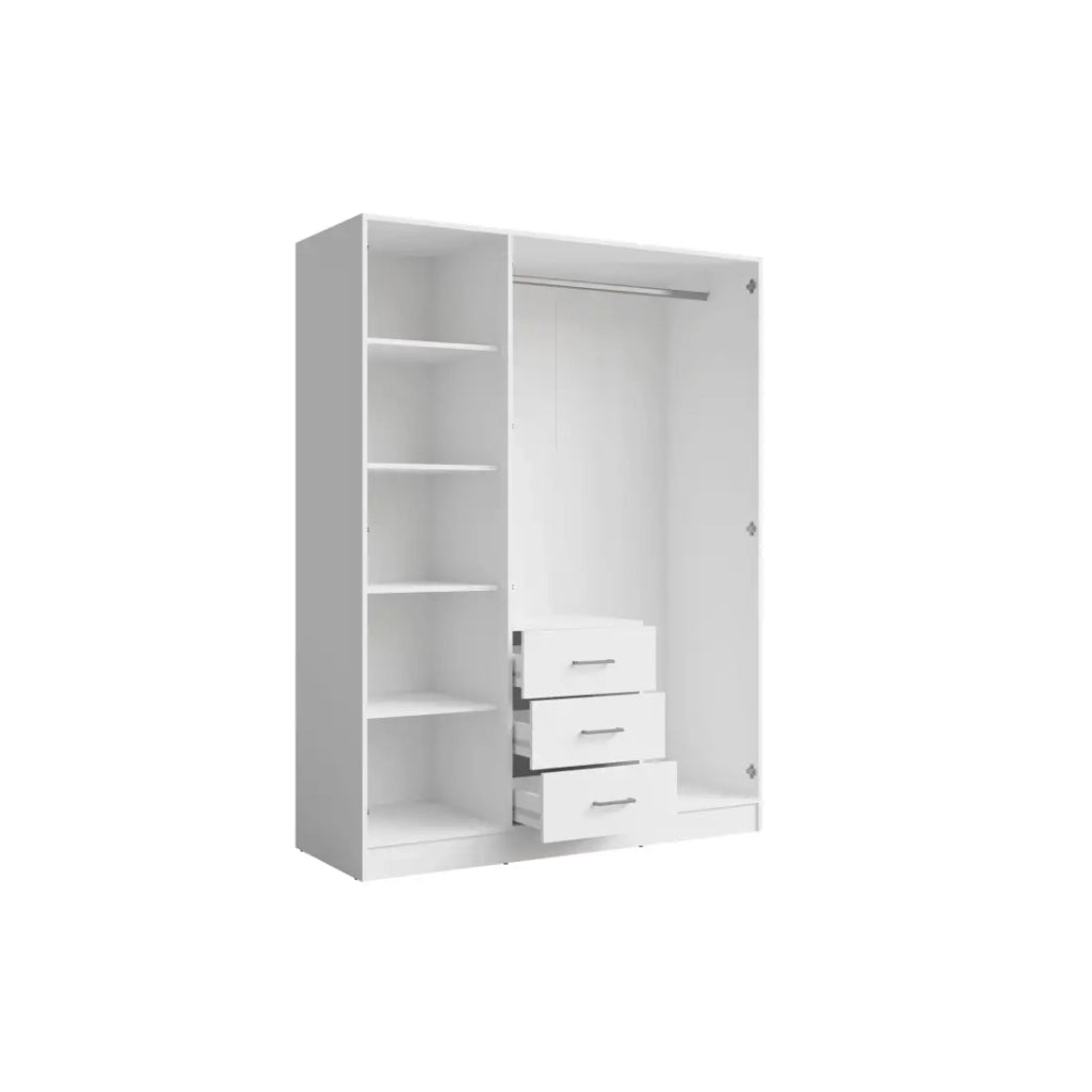 Armadio KALISTA 151 cm bianco opaco con specchio e 3 cassetti – 3 ante a battente