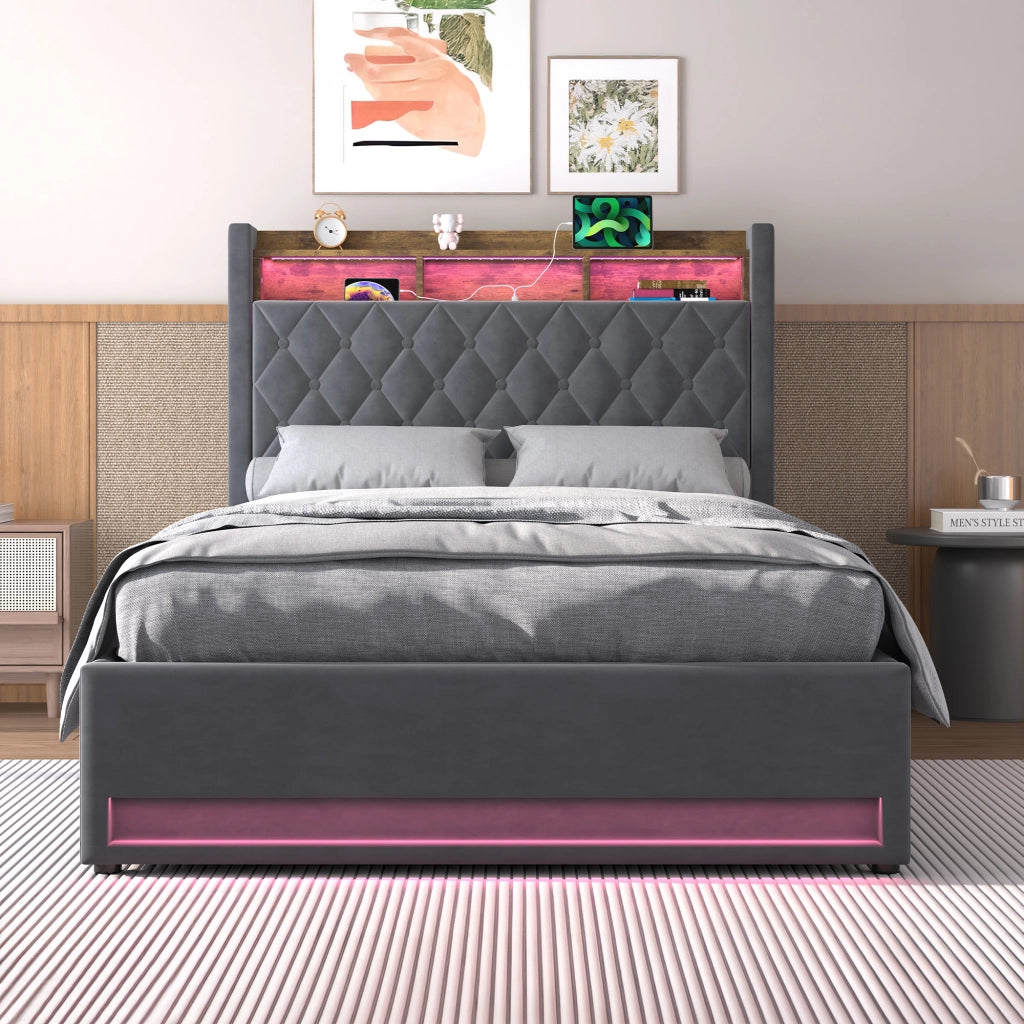 Letto Imbottito 140x190 cm Grigio Scuro in Velluto con Rete a Doghe