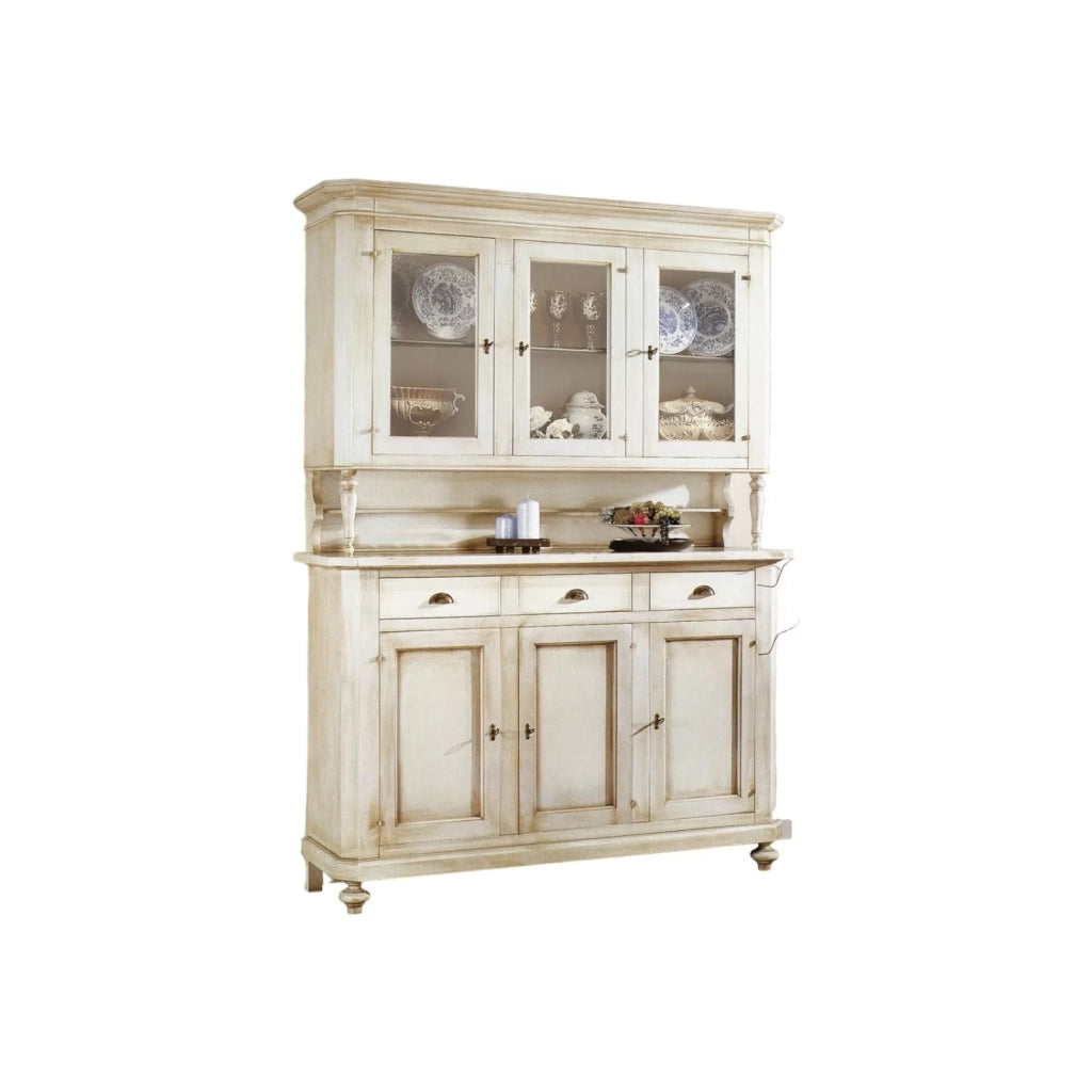 Cristalliera 3 porte 3 cassetti shabby vintage bianco patinato 160x50x221 - Mobili 2G
