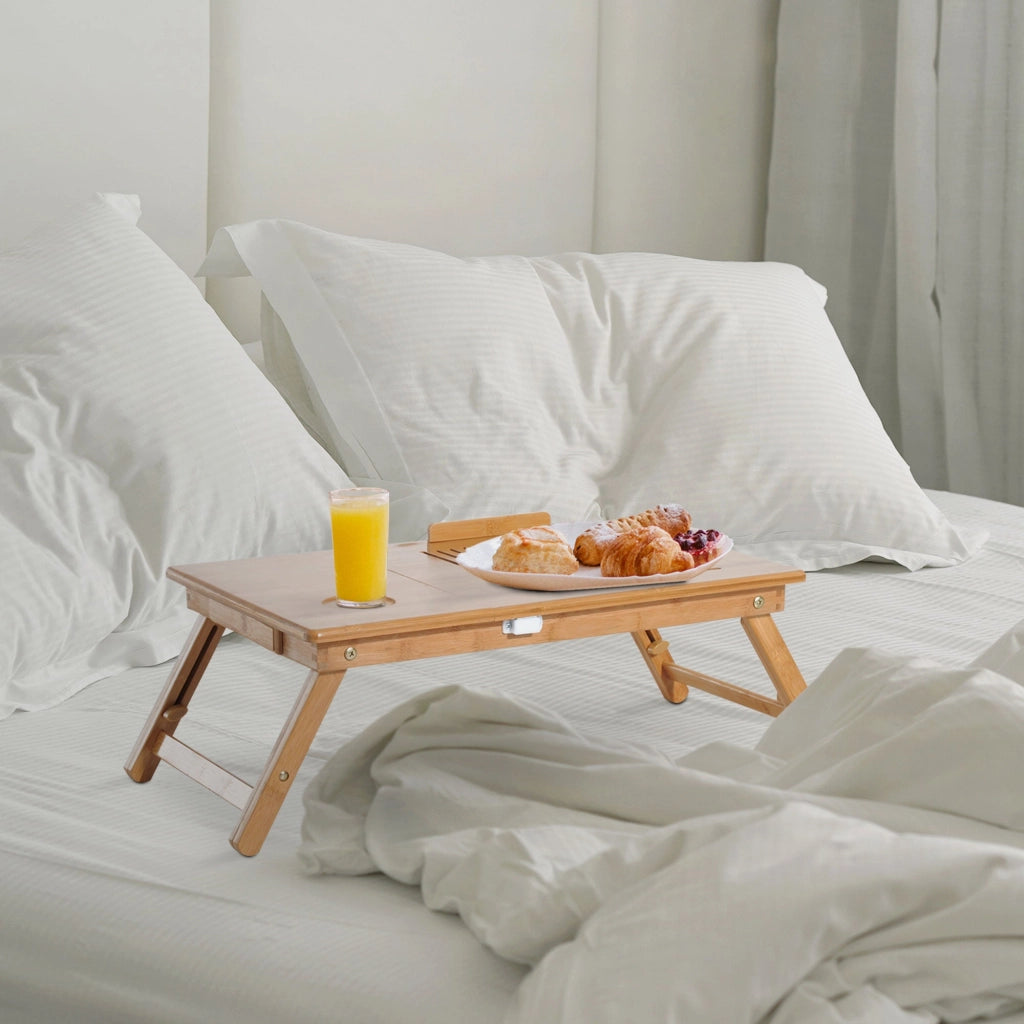 Tavolino da Letto per PC Portatile con Sistema di Raffreddamento in Bambù 55x35x22-30 cm