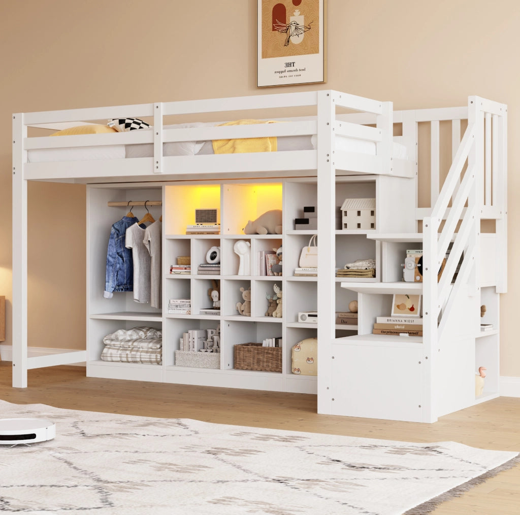 Letto a soppalco 90x200 cm con armadio, LED e scala