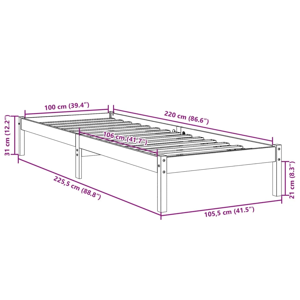 Letto singolo | Letto per adulti | Letto Extra Lungo senza Materasso 100x220 cm in Legno di Pino