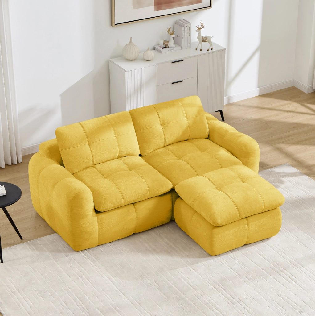 Divano modulare angolare 194x160 cm giallo in ciniglia con pouf