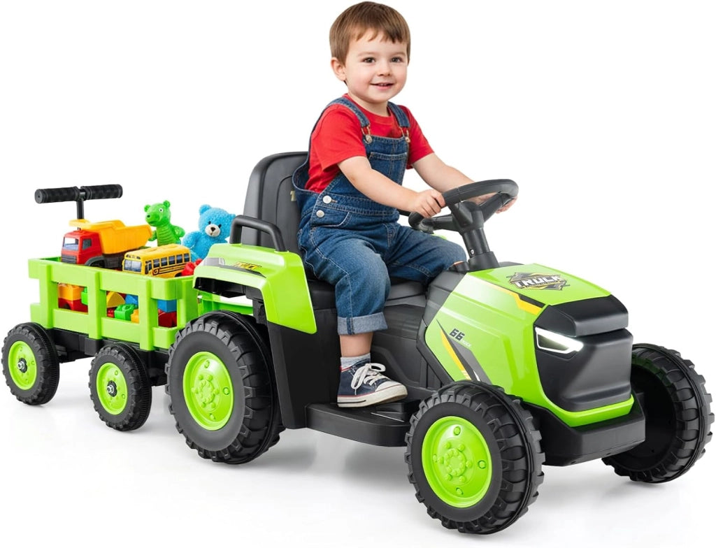 12V Trattore Elettrico per Bambini, Trattore a Pedali con Rimorchio Staccabile Controllo Remoto Fari LED Clacson e Musica, Macchina Elettrica per Bambini 37-95 Mesi (Verde)
