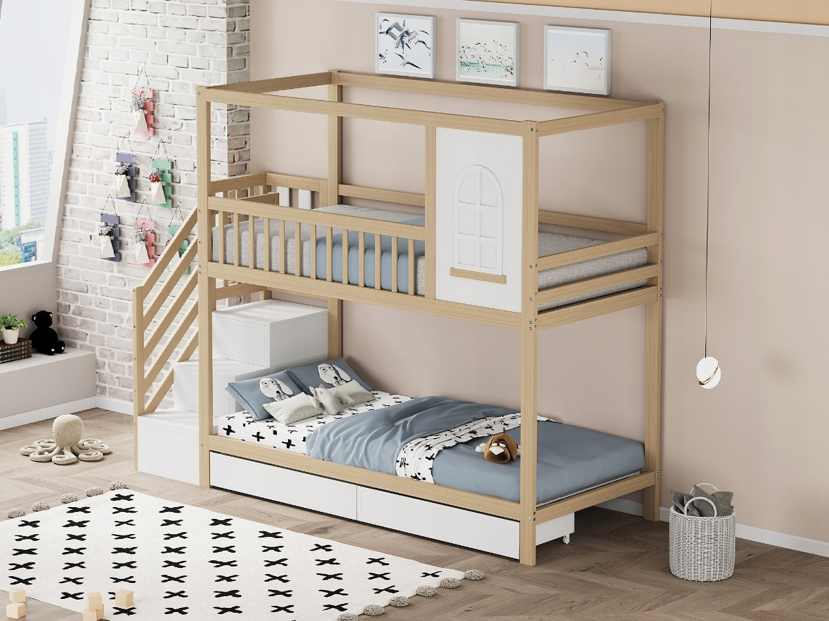 Letto a castello in legno - Xylo - 90x200 cm - con cassetti e scala