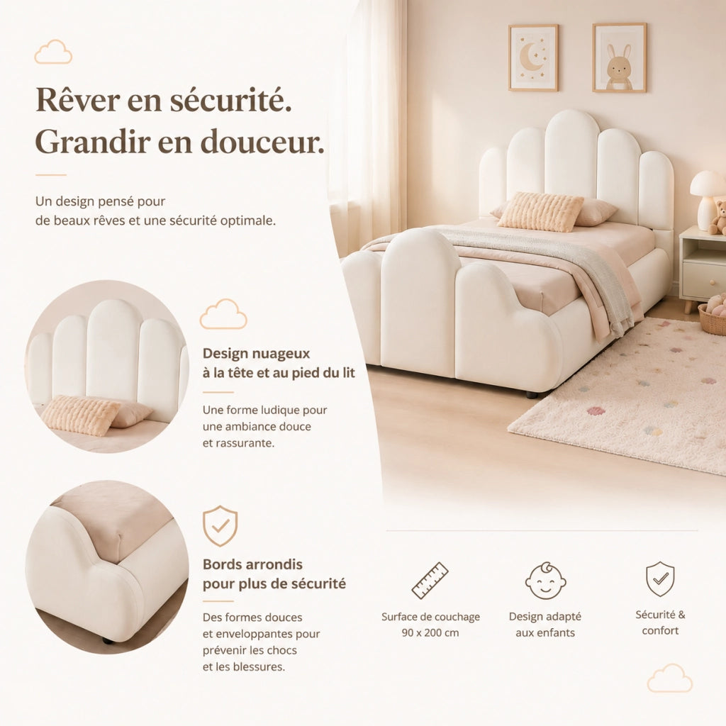 Letto imbottito per bambini con testiera e angoli arrotondati, 90x200 cm, velluto beige