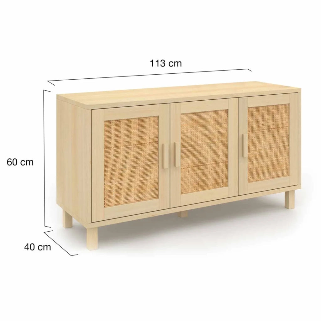 IDMarket - 113 cm ELIN Credenza bassa vintage a 3 ante con effetto canna naturale