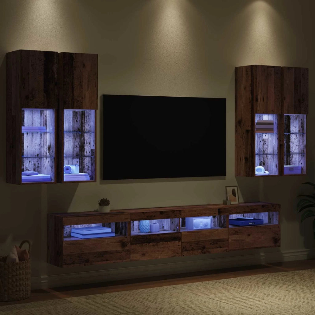 Set Mobile TV a Muro con Luci LED con led 7 pcs Legno vecchio