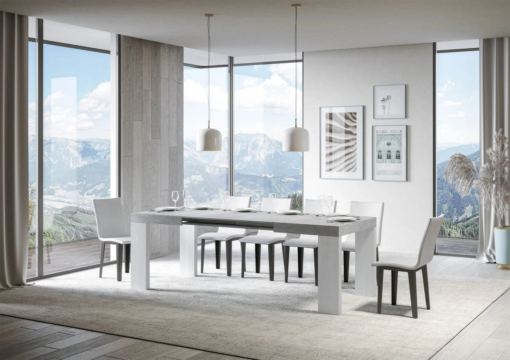 Tavolo Allungabile 130/390x90x77 cm Roxell Mix piano Cemento gambe Bianco Frassino