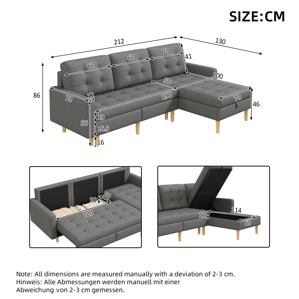 Divano angolare reversibile con chaise longue e doppio vano contenitore in tessuto grigio 212 × 130 × 86 cm