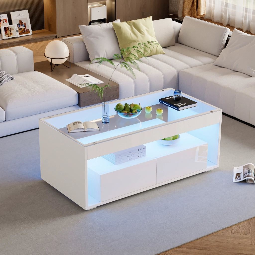 Tavolino basso con LED, 2 cassetti e 2 vani aperti, piano in vetro temperato, per soggiorno, bianco, 100 × 50 × 40 cm