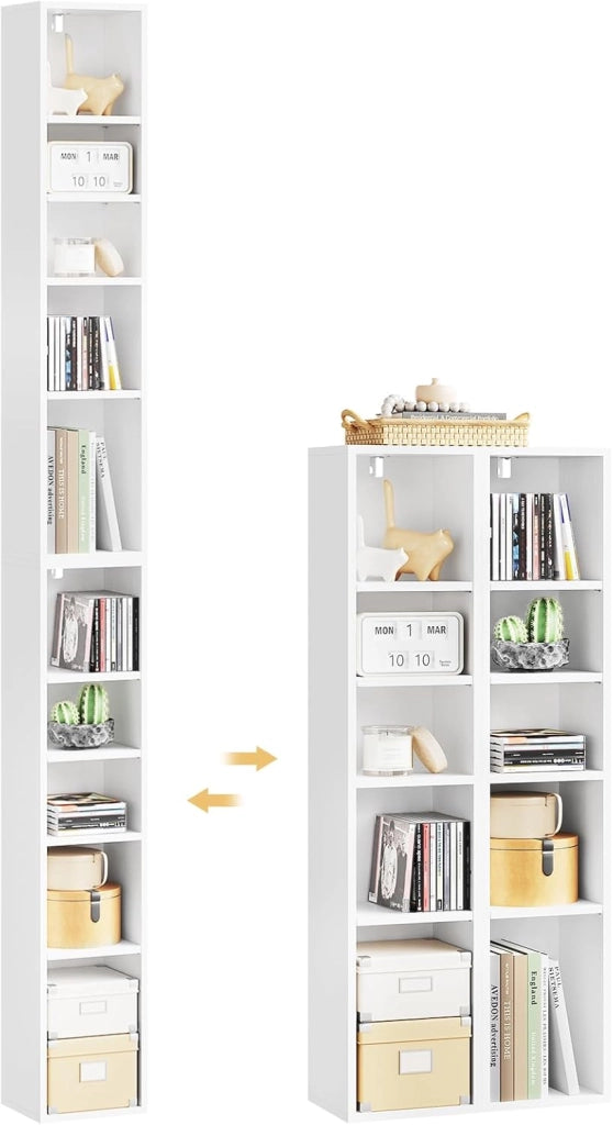 Porta CD a Colonna, Libreria Stretta e Alta con 10 Scomparti, Capacità Max. 160 CD, DVD, Libreria Verticale a Colonna da Terra, Bianco, SK063ws