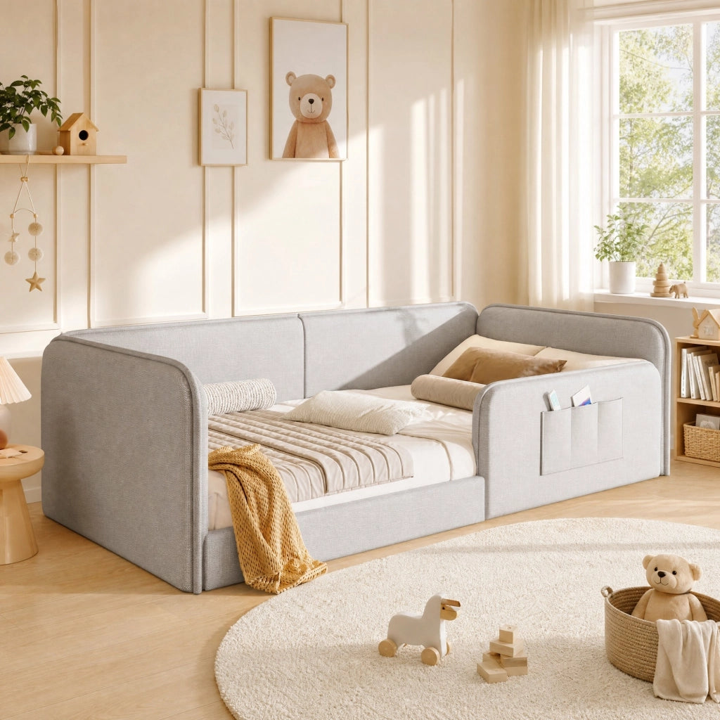 LETTO 90x200 cm in Lino Beige con tasche laterali