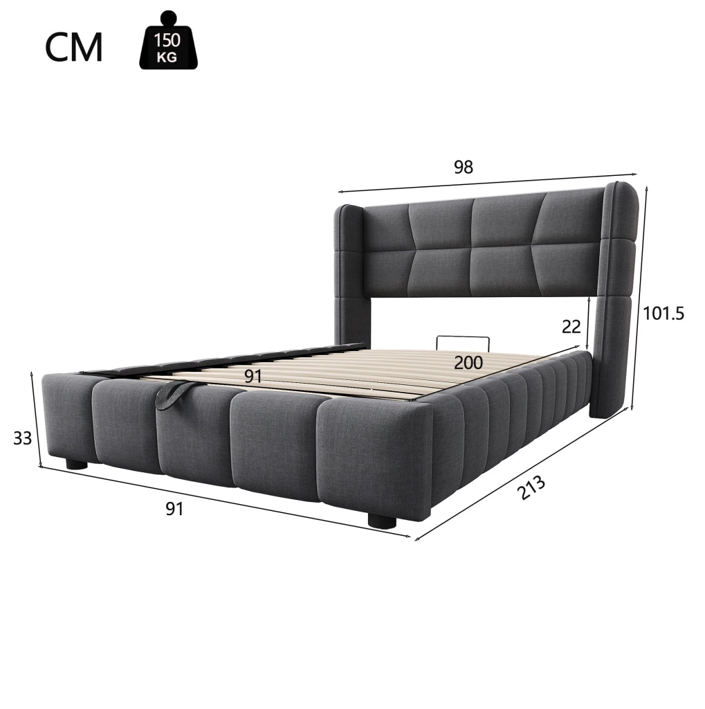 Letto singolo imbottito ULEVR 90x200 cm con contenitore sollevabile e testiera laterale ampia, grigio