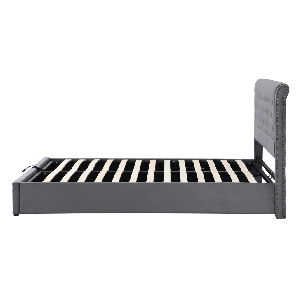 Letto imbottito 140x200 cm in velluto grigio con contenitore; rete a doghe inclusa; senza materasso