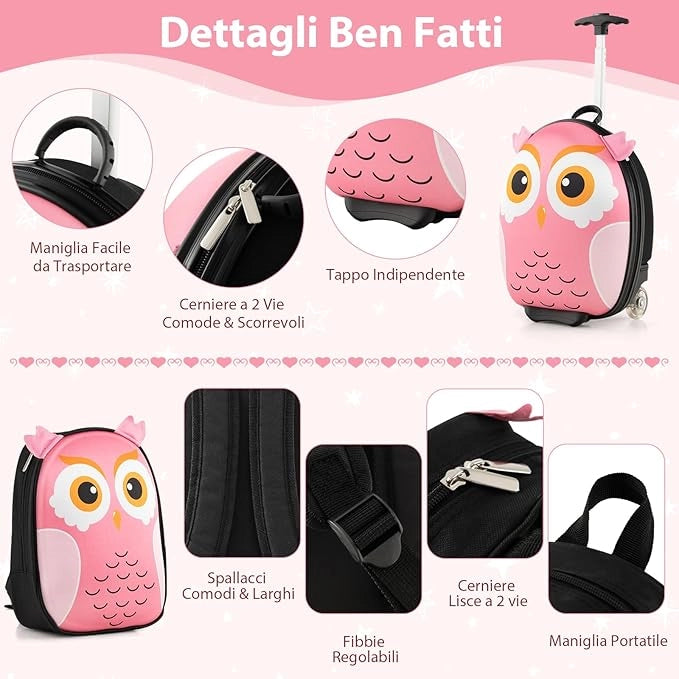 2 Pezzi Valigia per Bambini con Maniglia Retrattile + Zaino Bagaglio a Mano, con ruote girevoli a 360 ° (gufo 3)