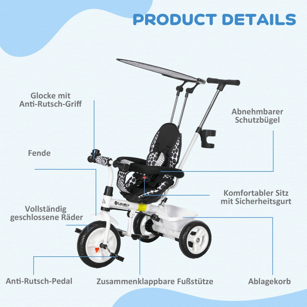 Triciclo 6 in 1 per Bambini ¨C Zephmum ¨C Bianco con Barra di Spinta e Cestino