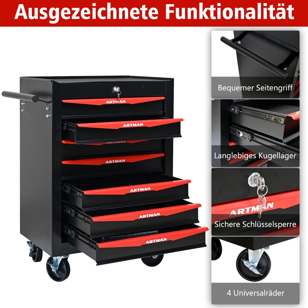 Mobile contenitore con 7 cassetti e serratura con guide a sfere; per garage e officina; in acciaio; nero rosso