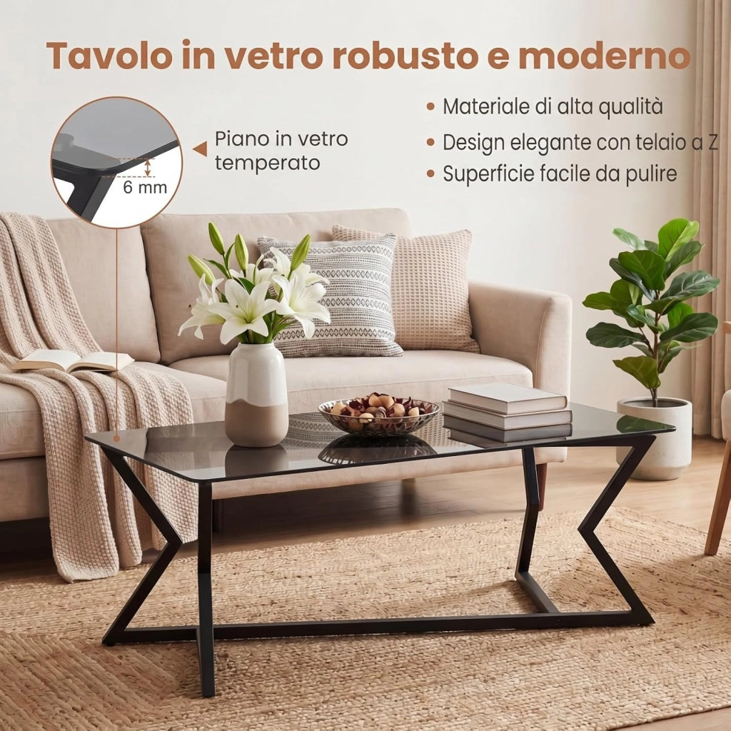Tavolino in Vetro, Tavolo da Salotto Rettangolare Pieghevole con Struttura in Metallo Geometrico, Piedini Regolabili, Stile Moderno, Salvaspazio per Soggiorno, Ufficio, Camera, Portata 50 KG