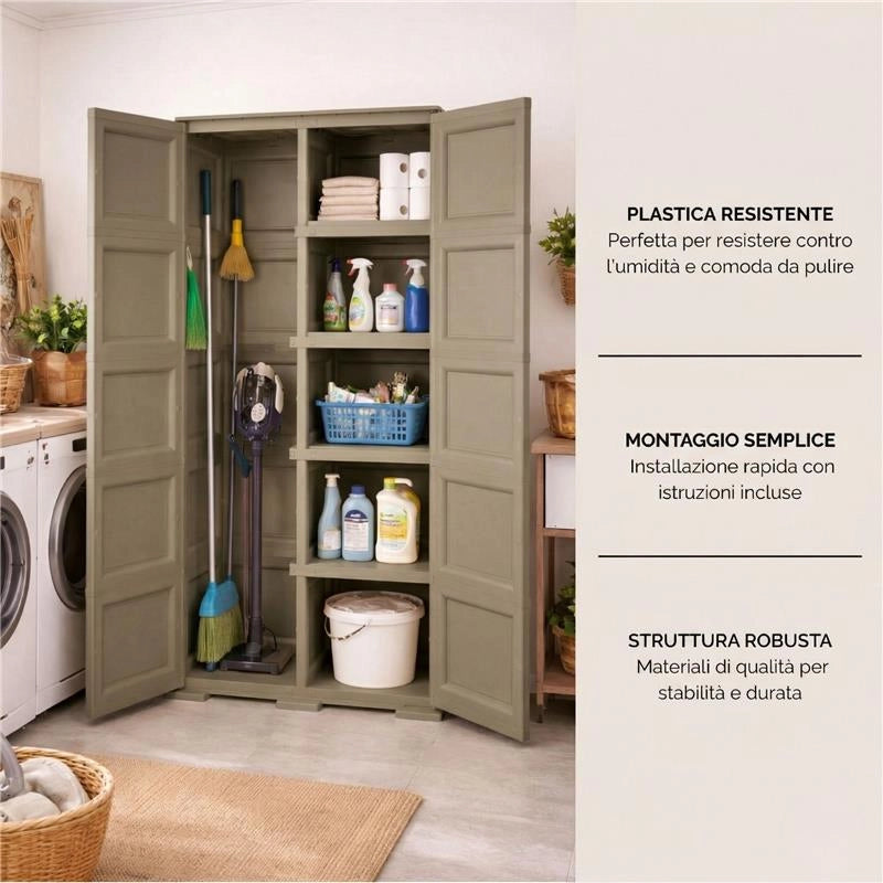 ARMADIO 2 ANTE TAUPE 79X43X203 CM CON 6 SCOMPARTI E VANO PORTASCOPA – MOBILE ALTO ORGANIZZAZIONE CASA PER INGRESSO E LAVANDERIA