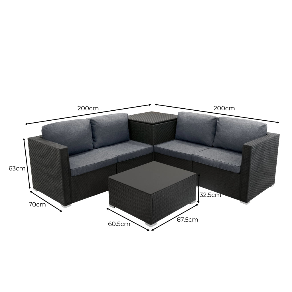 Set Divani Rattan Nero 6 Pezzi con Cuscini, Tavolino e Baule 250L