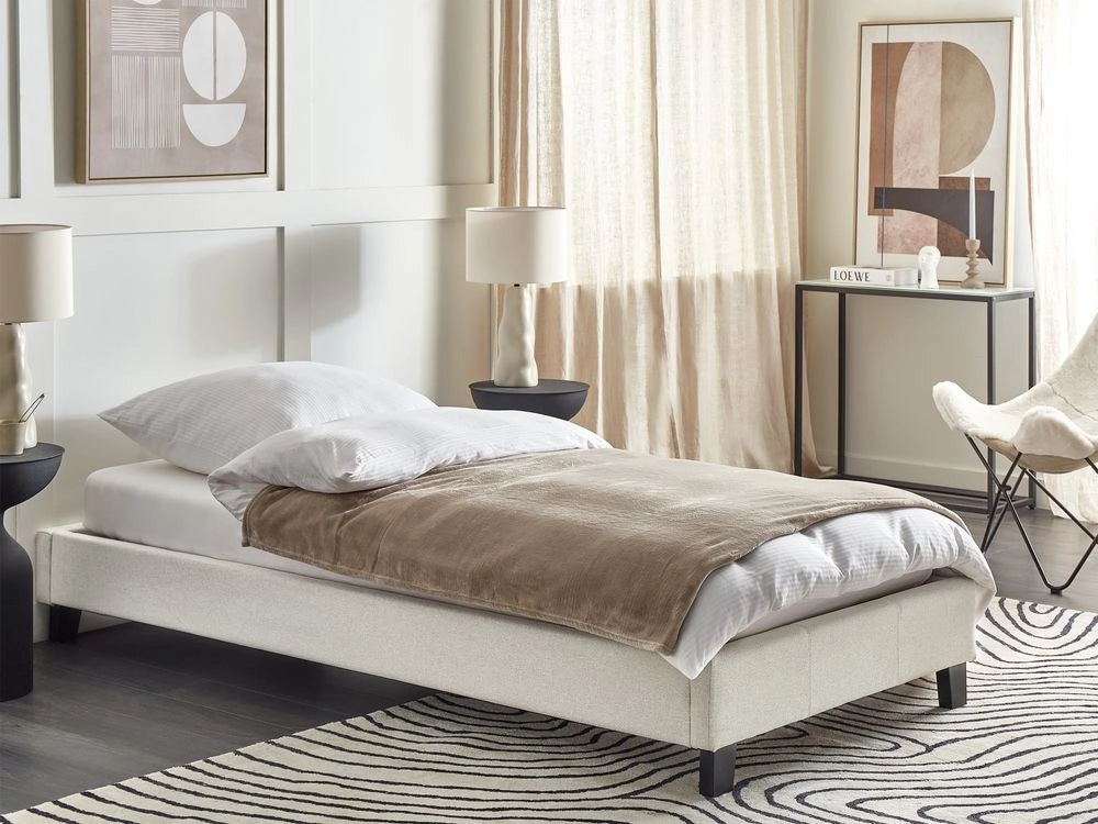 Letto singolo 90 x 200 in tessuto beige chiaro con rete a doghe senza testiera