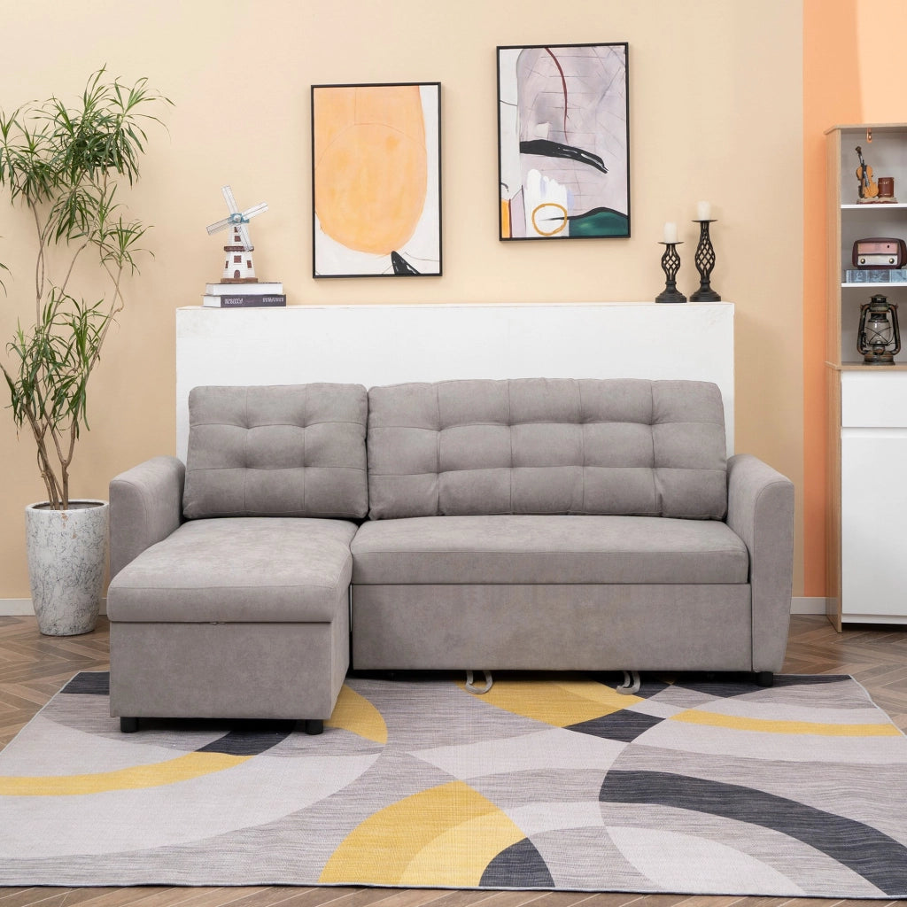 EasyComfort Divano Letto 3 Posti con Chaise Longue Contenitore in Tessuto, 217x134x85cm, Grigio