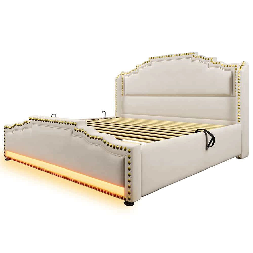 Letto matrimoniale-Xylo-160x200 cm-idraulico, LED, USB-C, velluto beige, con materasso