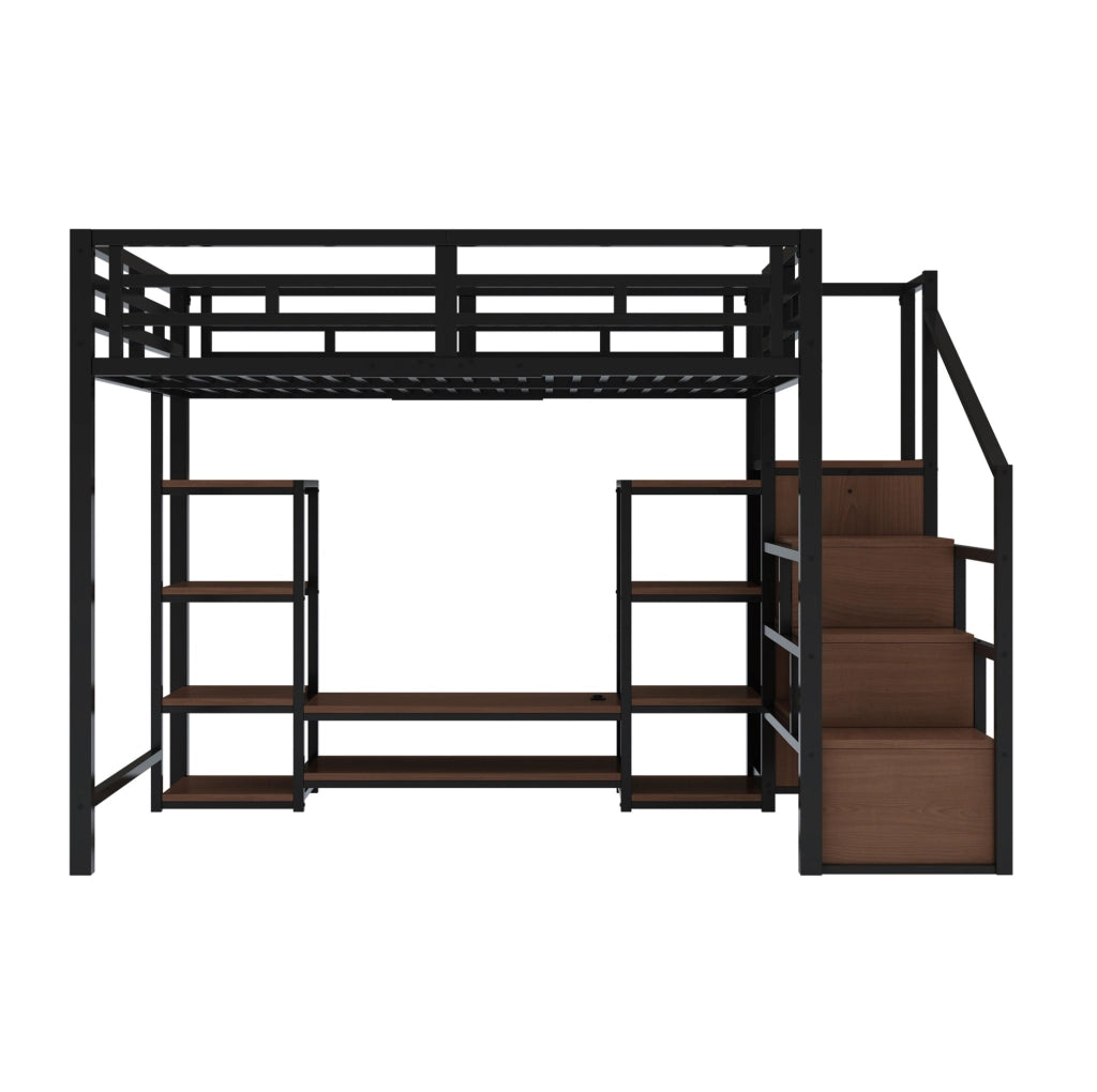 Letto a soppalco 140x200 cm con supporto TV e presa in metallo e MDF nero