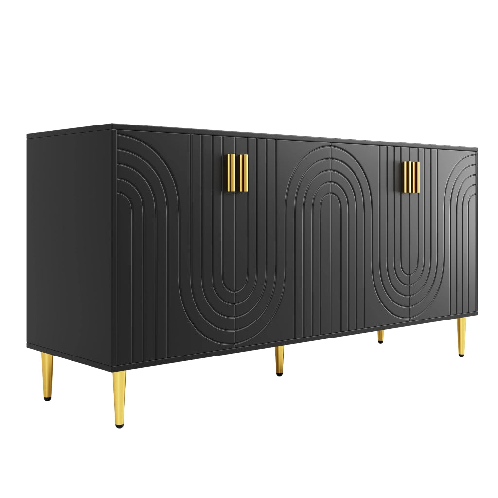 Credenza con 4 Ante e 2 Cassetti; Frontali Ondulati; Maniglie e Piedini Dorati; Moderna; in MDF; 152??40??75 cm; Nera