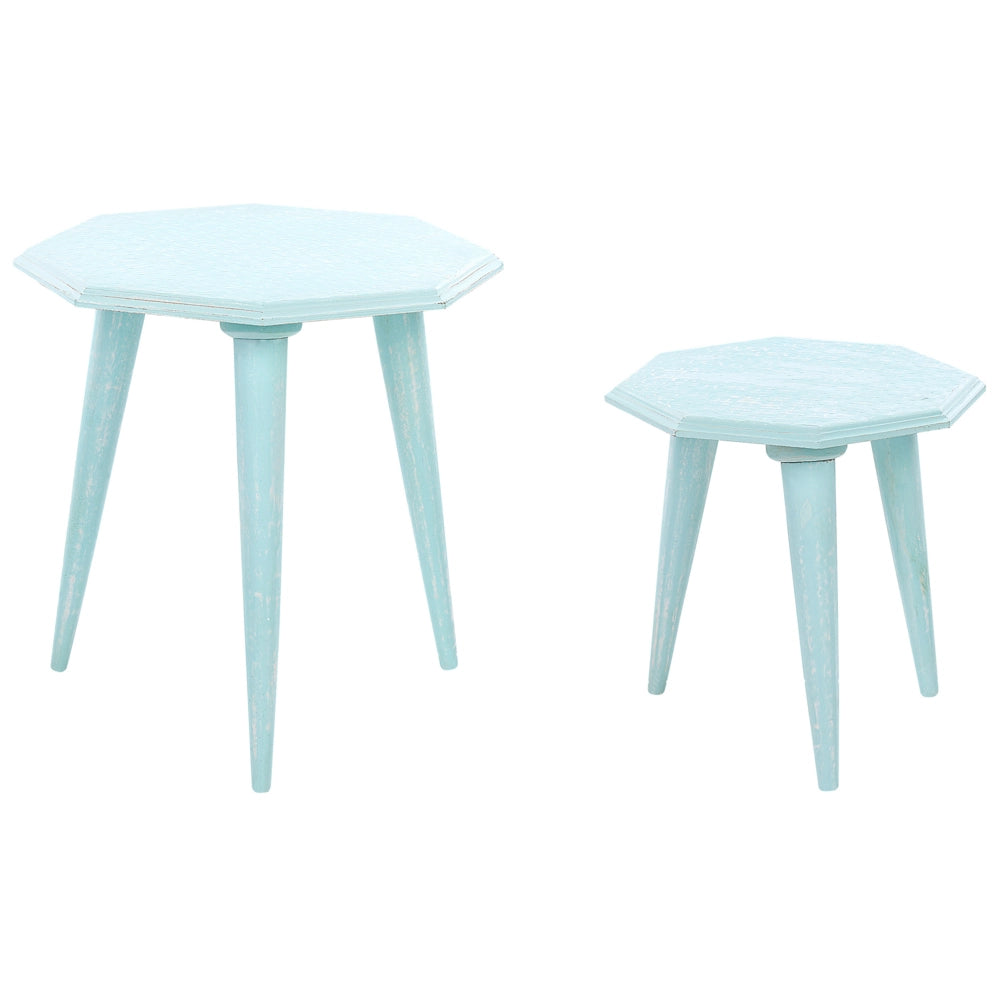 Set di 2 tavolini da caffè in legno di mango di colore azzurro stile classico retrò soggiorno salotto