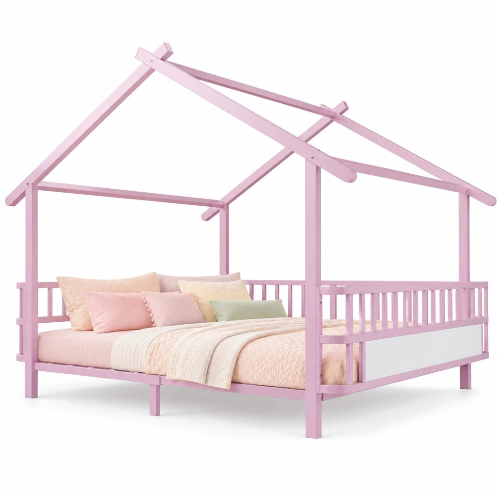 Letto Casetta 140 x 200 cm - con Sponda di Sicurezza e Struttura a Tetto - Rosa