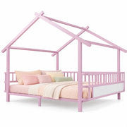 Letto Casetta 140 x 200 cm - con Sponda di Sicurezza e Struttura a Tetto - Rosa