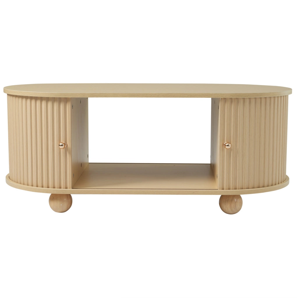 Tavolino da caffè ovale con vano contenitore; ante scorrevoli; 100x50x40 cm; MDF; effetto legno
