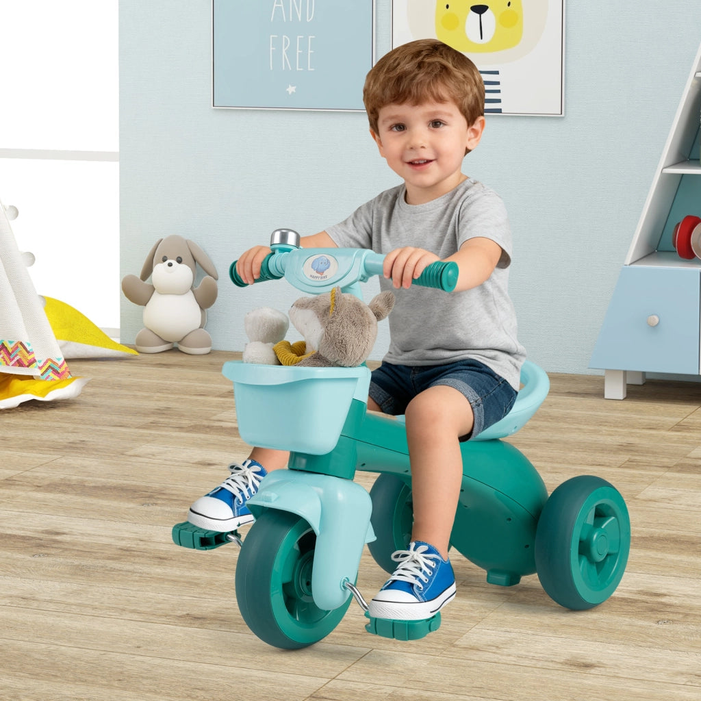 Triciclo bambini sterzo limitato sella ergonomica cestini anteriore posteriore campanello, Bicicletta equilibrio 3 ruote bambini 3-5 anni Verde