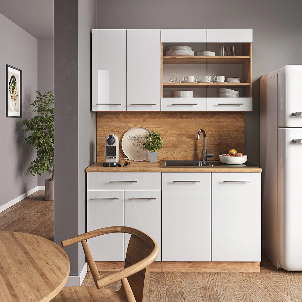 Cucina completa Fame-Line Bianco lucido/Rovere dorato 140 cm, PL Antracite Vicco