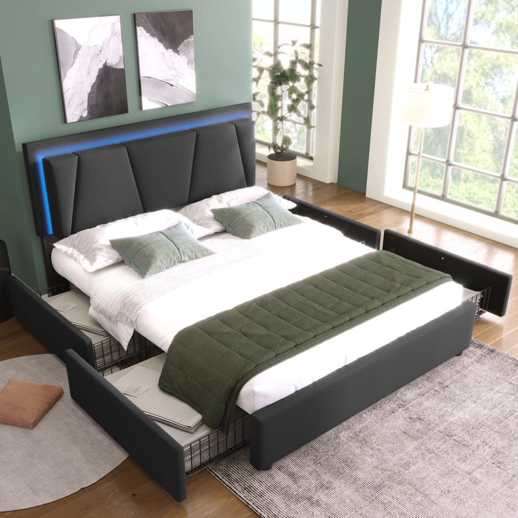 Letto matrimoniale – 140x200 cm – LED testiera regolabile 4 cassetti con materasso – legno grigio