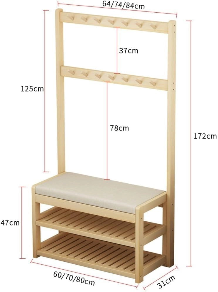Appendiabiti in Legno, Appendiabiti Indipendente con Panca per Scarpe 5 Ganci, Appendiabiti per Abiti, Appendiabiti per Camera da Letto, casa, Ufficio, Interni (L: 64/74/84 cm)